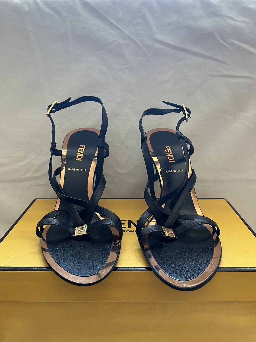 FENDI WOMENS HIGH HEELS VERO CUOIO LEATHER BLACK & GOLD ACCENT