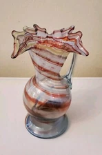 Ruffled Top Hand Blown Glass Pitcher or Vase With Handle Multicolored Swirl