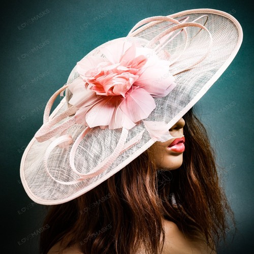 Light Pink Wide Brim Fascinator Hat with Flower for Wedding Derby Tea Party - Picture 4 of 6