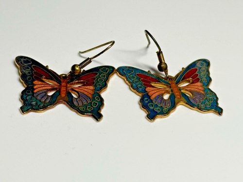 Vintage Earrings Enamel Gold Metal Butterfly Multicolour Dangle Drop - Picture 5 of 9