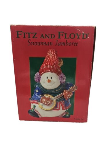 2004 Fitz and Floyd Snowman Jamboree Ceramic Candy Jar Open Box Christmas Decor - Afbeelding 1 van 8