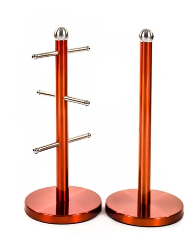 SET OF 2 KITCHEN TOWEL POLE ROLL HOLDER 6 CUP MUG TREE METALLIC STAINLESS STEEL - Picture 6 of 12