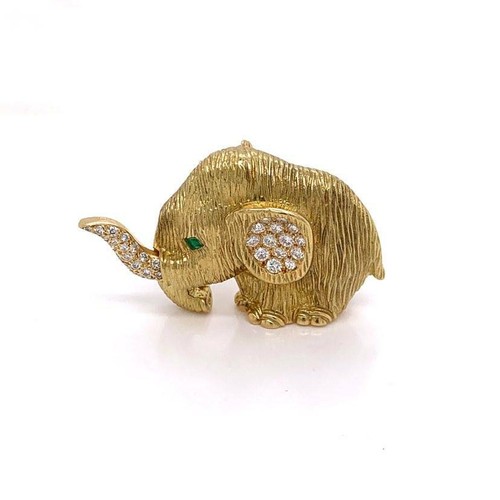 French Diamond Emerald Gold Elephant Pin-Brooch 18k Yellow Gold ON SALE!!! - Picture 5 of 6