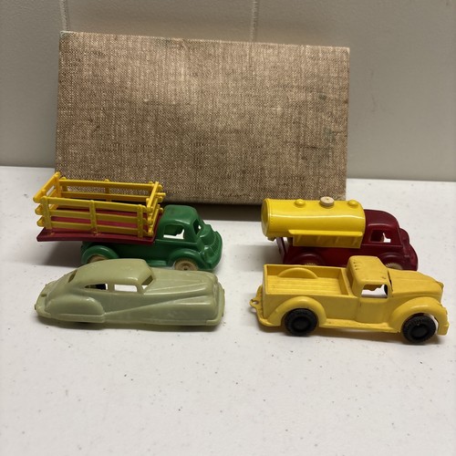 LOT OF 4 Ideal/Brewer Plastic Cars From 1950s With Box Green Truck Yellow Truck - Picture 1 of 13