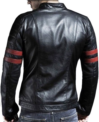 Chaqueta de Cuero Negro Genuino para Hombres Motociclista Motocicleta Corredor Calce Ajustado - Imagen 2 de 6