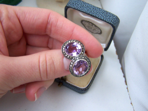 GORGEOUS VINTAGE 925 SOLID STERLING SILVER AMETHYST & MARCASITE EARRINGS STUDS - Picture 11 of 13