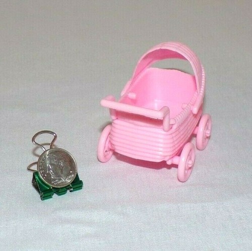 Dollhouse Miniature Baby Stroller Carriage Buggy Girl Pink Plastic Toy Shower  - Picture 2 of 4