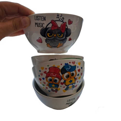 Juego de 4 platos de porcelana de cereales platos blancos platos para niños cuenco búho desayuno - Imagen 3 de 3