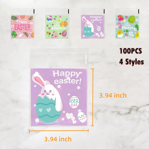 100 PCS Easter Candy Bags,Easter Bunny Self Adhesive Cookie Bags,4 Styles Clear - Picture 2 of 7