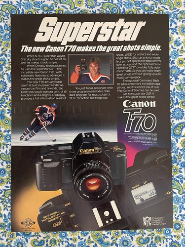 Vintage 1985 Canon T70 Camera Print Ad Wayne Gretzky Ad Only - Picture 1 of 7