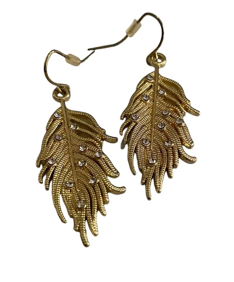 Pendientes Boho Colgantes Cristal Estrás Pluma Tono Dorado Foto 2 de 3