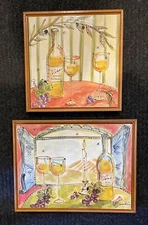 SET OF 2 ARTIST SIGNED FRAMED STRETCHED CANVAS WINE MOTIF ART