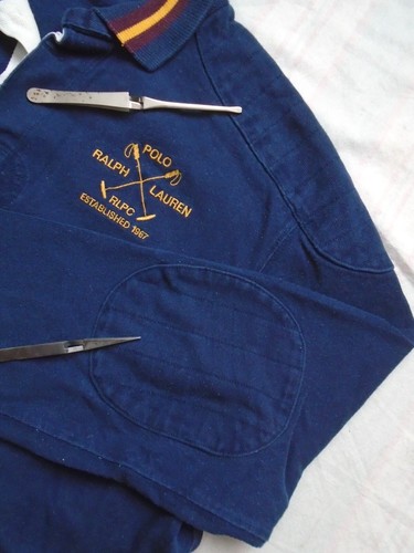 Vintage 90s Polo Ralph Lauren Large Rugby Shirt Navy Elbow Shoulder Patches - Picture 5 of 10