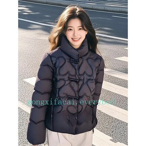Black Standing Collar Down Cotton Jacket Womens New Korean Style Cotton Jackets