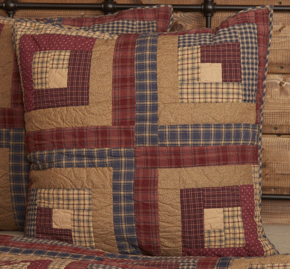 Bloque de cabina de troncos Euro Sham acolchado a mano cuadrado de 26" retazos azul rojo Millsboro Foto 2 de 4