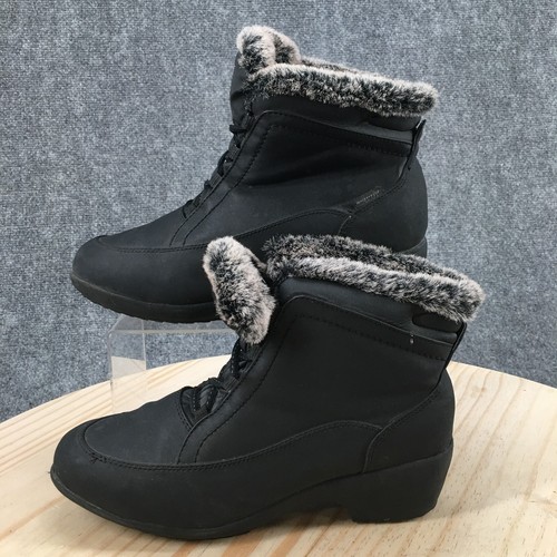Sport Boots Womens 8 Lucy Casual Lace Up Winter Bootie Black Faux Leather Wedge - Picture 2 of 16