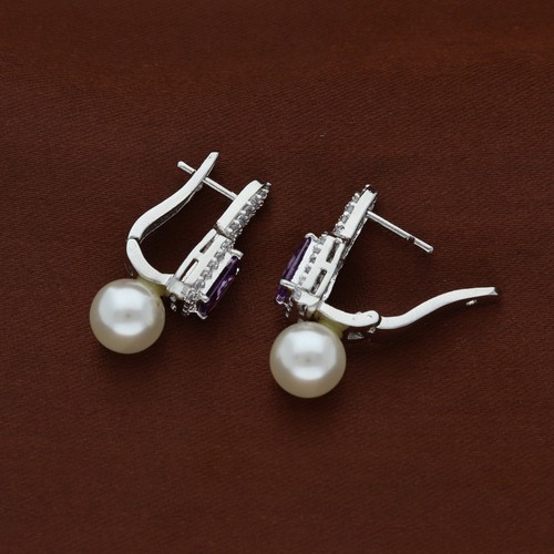 Elegantes pendientes de aro de piedra rectangular de circonita cúbica con acento de perlas brillantes para mujer - Imagen 39 de 45