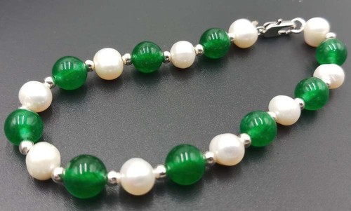 7-8mm White Akoya Pearl & 8mm Multi Color Round Gemstone Beads Bracelet 7.5'' - Picture 10 of 23