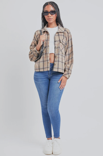 YMI Boxy Fit Cropped Shacket Juniors Size XL - Coffee Brown Plaid - Picture 5 of 7