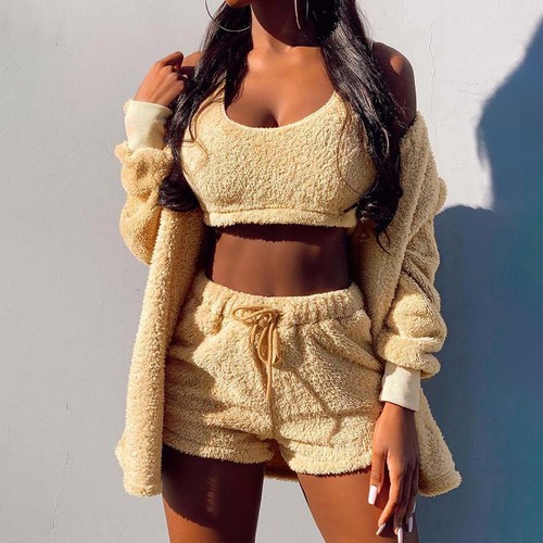 Women Fuzzy 3 Piece Outfits Fleece Warm Hooded Cardigan Crop Top Shorts Set - Picture 25 of 57