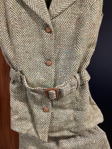 VINTAGE 1960s Koret of California Green Herringbone Tweed 2-pc Blazer Skirt Belt - Picture 3 of 11