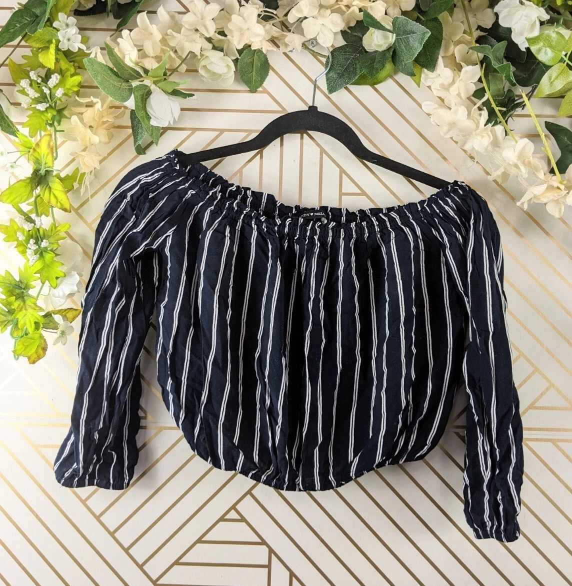 Brandy Melville Blue Striped Maura Long Sleeve Off The Shoulder Top