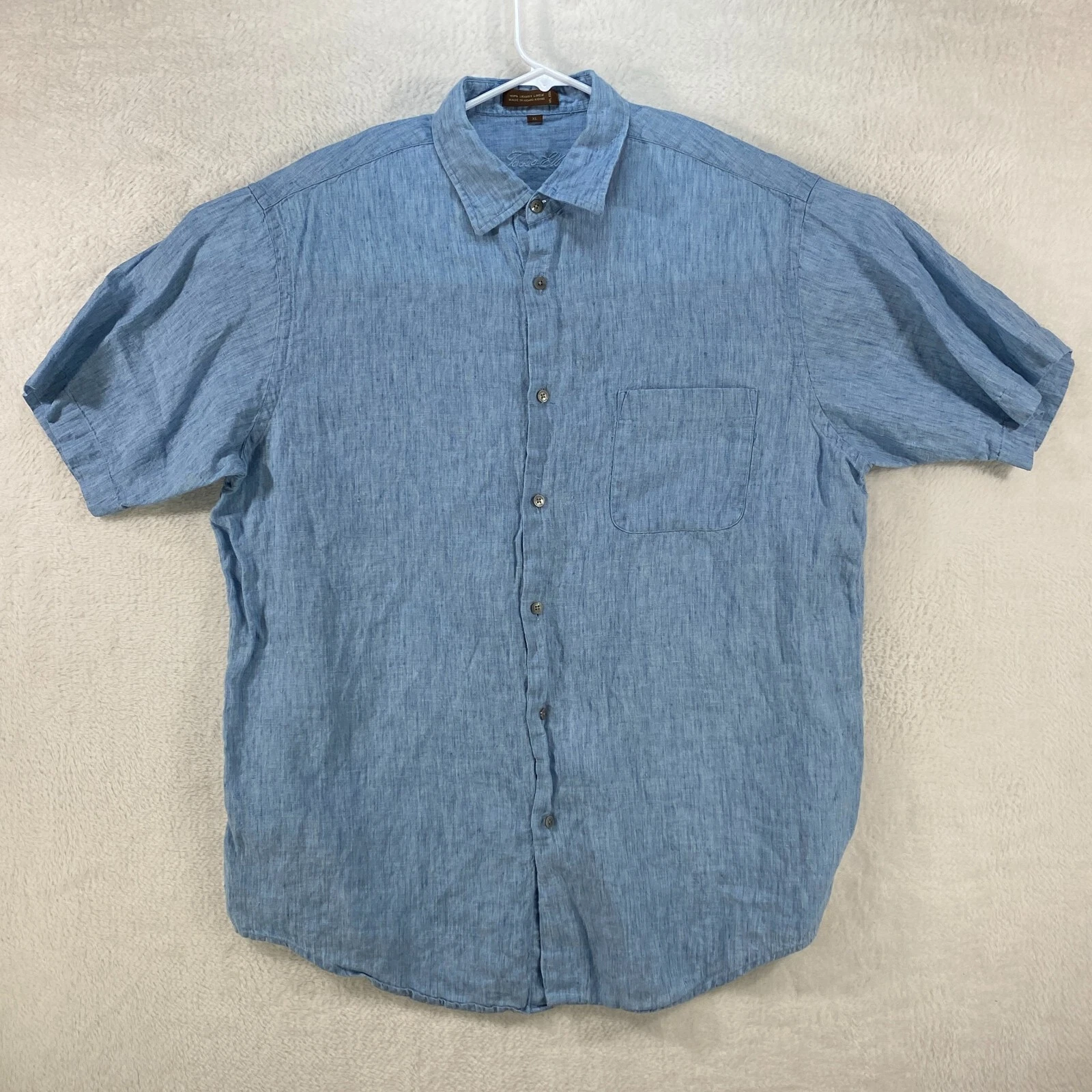 Tasso Elba Mens Linen Shirt XL Blue Button Up Short Sleeve Pocket Lightweight
