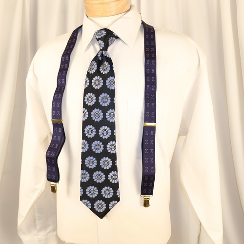 Marineblau mit rotem geometrischem Leder Stoff Herren Clip Hosenträger - Bild 9 von 12