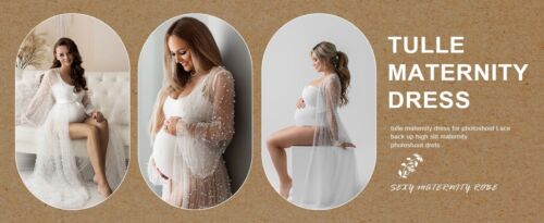 Womens Pearl Maternity Dress- Long Puffy Sleeves Tulle Wedding Robe- Ivory White - Picture 2 of 7