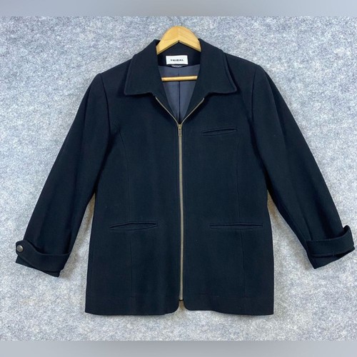 Tribal Wool Cashmere Blend Jacket Blazer Size 12P Black Bulgaria Lagenlook Zip