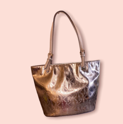 Michael Kors MK Monogram Logo Metallic Brown Tote Shoulder