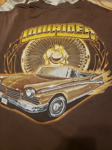 VINTAGE Lowrider Shirt Adult Large Brown Magazine Pin Up Chicano Cali Rims A4 - Picture 2 of 12