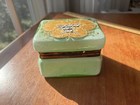 antique Murano Glass Hand Painted Green overlay opaline glass casket box