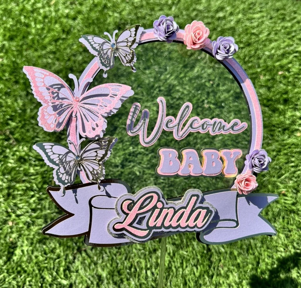 Mariposas Rosa y Púrpura "Baby Shower" Tema Pastel Topper/Cualquier Nombre Cualquier Edad Foto 2 de 3