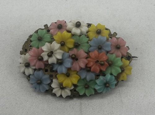 Vintage Bügel Rosette Blume Perlen goldfarben Kleid Clip Miriam Haskell  - Bild 1 von 3