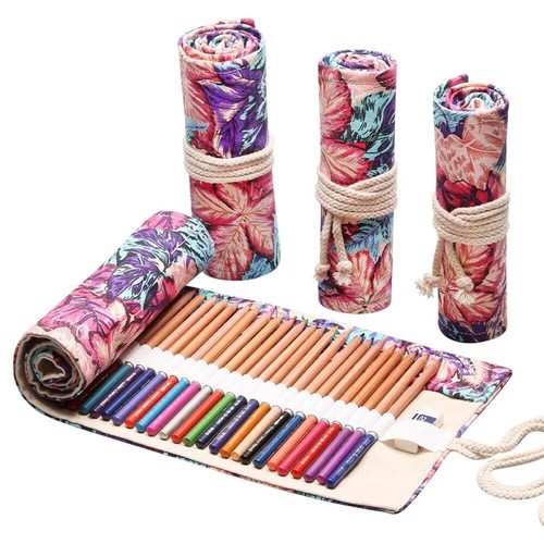 12/24/36/48/72Holes Canvas Roll Up Pen Curtain Pencil Bag Case Makeup Wrap Hold - Picture 20 of 25
