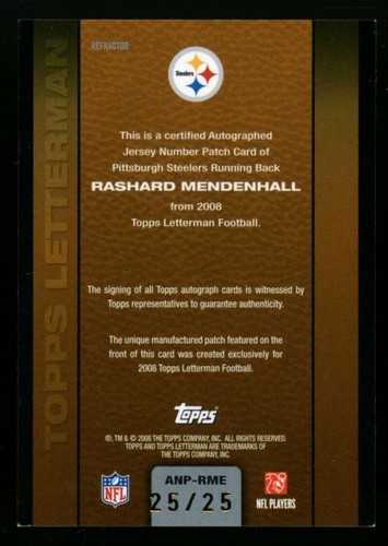 2008 Topps Letterman Rashard Mendenhall RC Jersey Patch Auto 25/25 JX6789 - Imagen 2 de 2