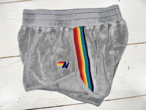 Girls 6 Aviator Nation Gray Terry Rainbow Stripe Shortie Shorts