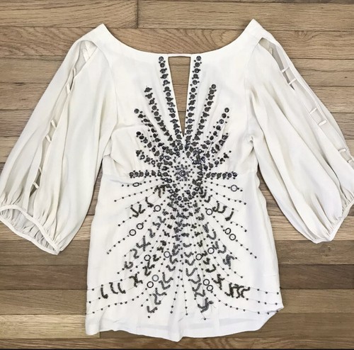 Nanette Lepore Couture Cream Silk Beaded World Tour Rockstar Blouse Top NEW 8 M - Picture 2 of 12