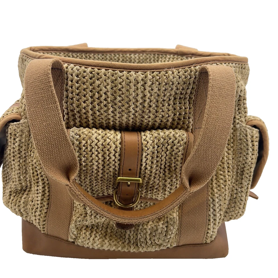 Bolso de Mano Fossil Grande Fin de Semana Rafia Natural Borde de Cuero Tostado Foto 2 de 4