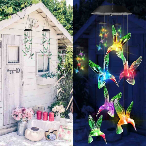 Solar Wind Chimes Lights LED Color Changing Hanging Hummingbird Ball Garden Lamp - Picture 7 of 12