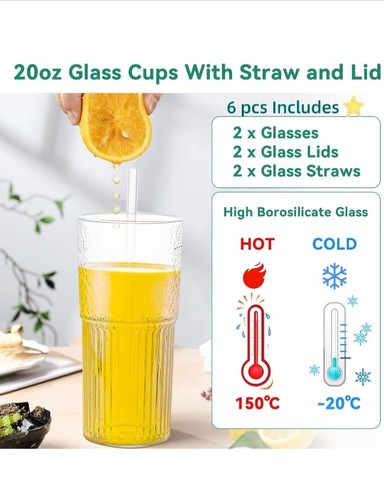Glass Tumbler with Straw and Lid, 20 OZ Clear Iced Coffee Glasses Cups for Ice W - Picture 4 of 8