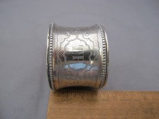 Good EUROPEAN Coin Silver ENGINE TURNED & BEADED NAPKIN RING- Mono TP 3