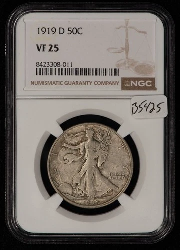 1919-D 50c Walking Liberty Half Dollar -Weak Strike Looks XF- NGC VF 25 - B5425