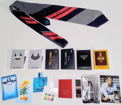 Lot. Michel Valentino Blue Men's Tie 100% Silk Hand Made. With Cologne Samples.