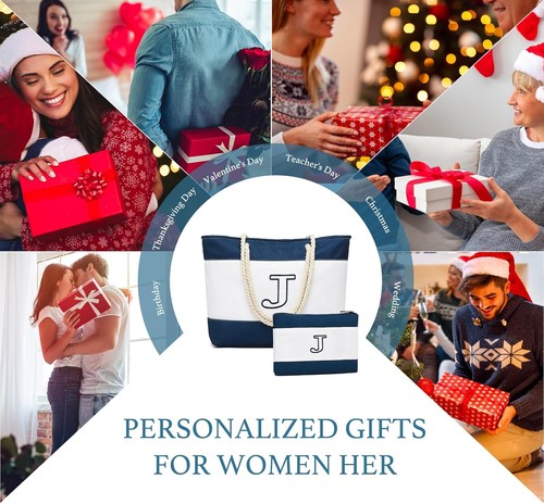 Becokan Initial Beach Bag Waterproof Canvas Tote Dark Blue 2 Pcs  - Bild 6 von 7