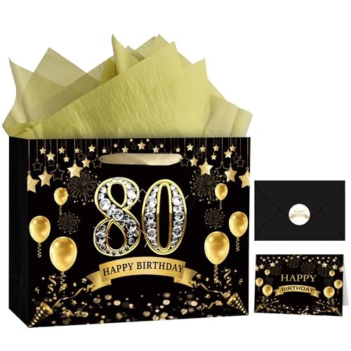 Birthday Gift Bag Birthday Bag with Tissue Paper and Greeting Card for 80th