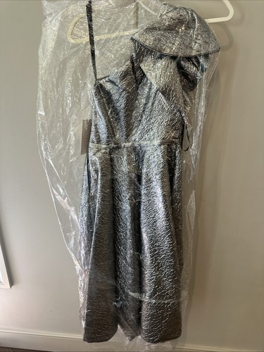 Mac Duggal 67906 Silver One Shoulder Bow Midi Metallic Dress Size 0 New ShipFAST - Picture 8 of 8