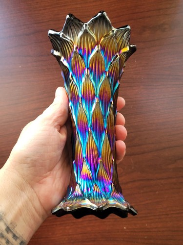 Sehr schöne elektrische lila Dugan Carnival Glas ausgekleidet Gitter Vase - Bild 19 von 24