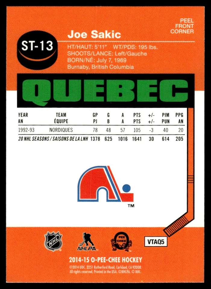 2014-15 O-Pee-Chee Stickers Joe Sakic Quebec Nordiques #ST-13 - Image 2 of 2